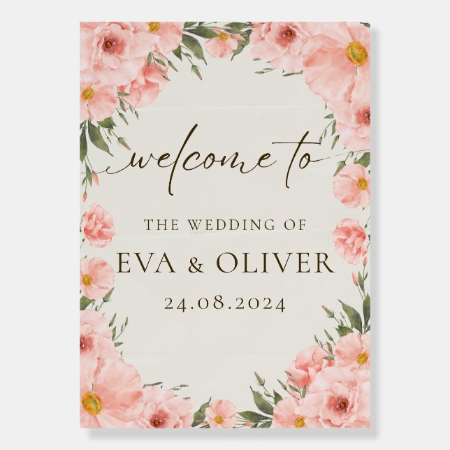 Pink Watercolor Flowers Wedding Welcome Sign (Front)