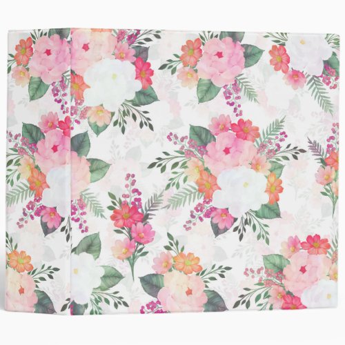 Pink Watercolor Flowers White Design 3 Ring Binder