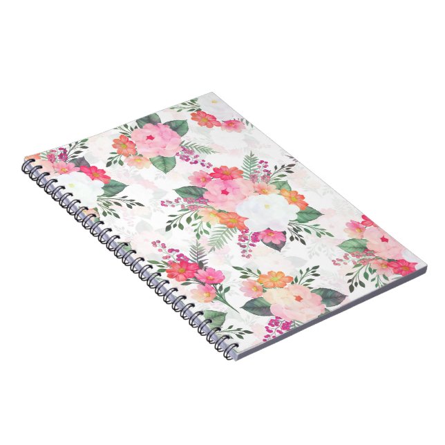 Pink Watercolor Flowers White Design Notebook (Right Side)