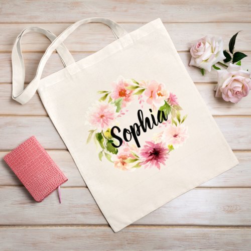 Pink Watercolor Flowers Wreath Bridesmaid Name Tote Bag