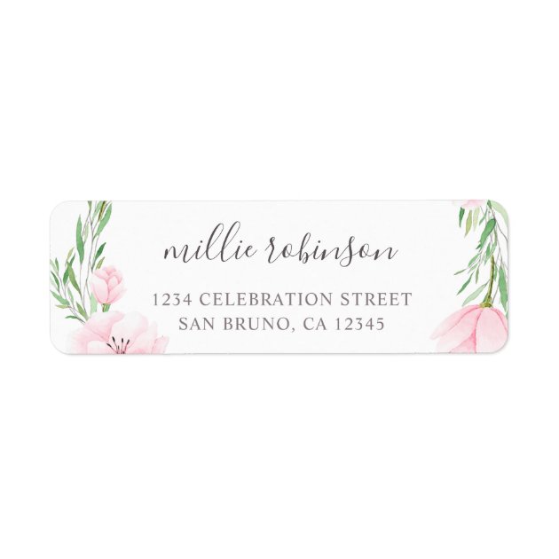 Pink Watercolor Flowers Wreath Wedding Label
