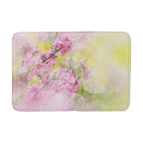 Pink Watercolor Flowers Yellow Green background Bath Mat