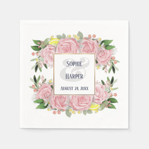 Pink Watercolor Flowers Yellow Lemons Gold Border Napkins