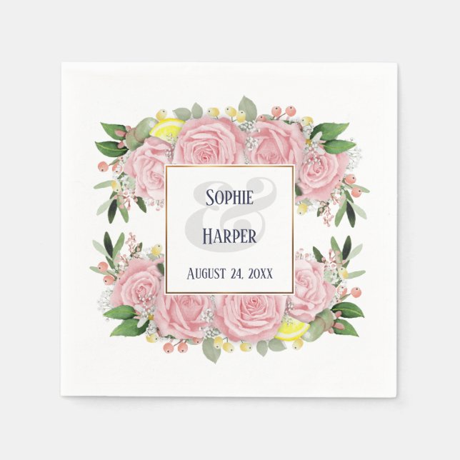 Pink Watercolor Flowers Yellow Lemons Gold Border Napkins (Front)