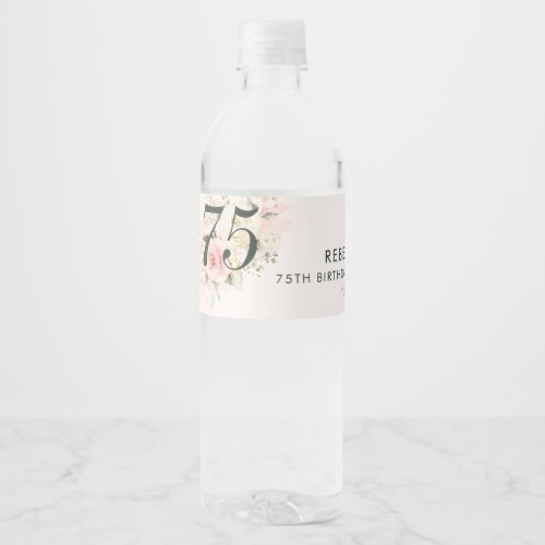 Pink Watercolor Foliage 75th Birthday Floral Party Water Bottle Label