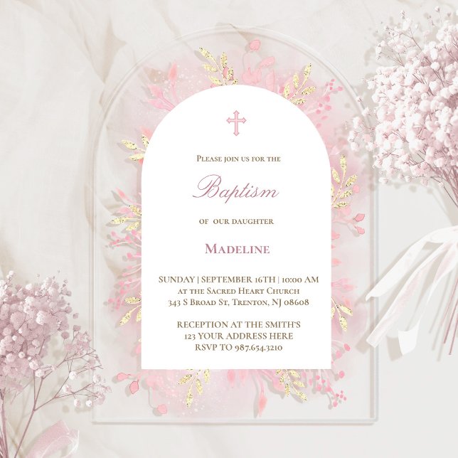 pink watercolor foliage Baptism Acrylic Invitations (Creator Uploaded)