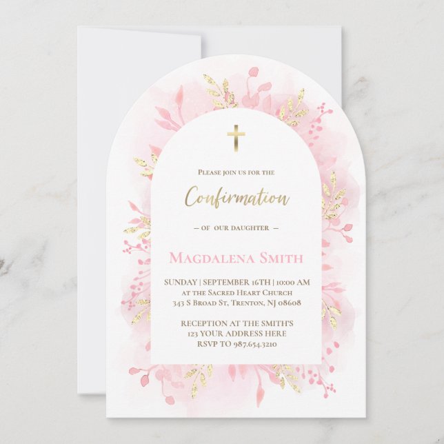 pink watercolor foliage Confirmation Invitation (Front)