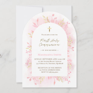 pink watercolor foliage First Holy Communion  Invitation