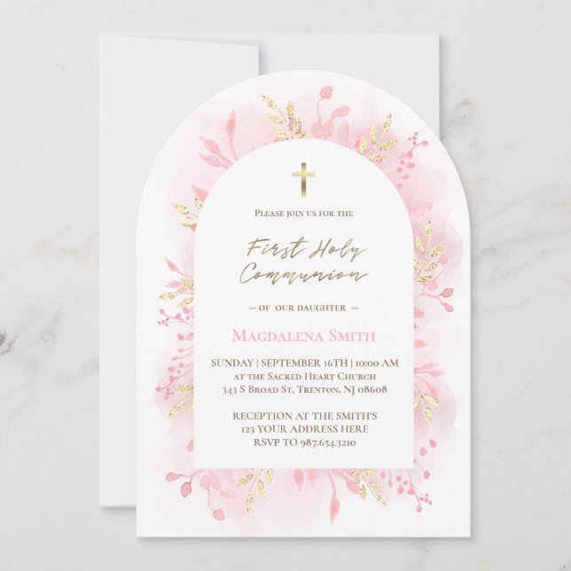 pink watercolor foliage First Holy Communion  Invitation (Front)