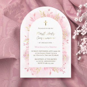 pink watercolor foliage First Holy Communion Invitation