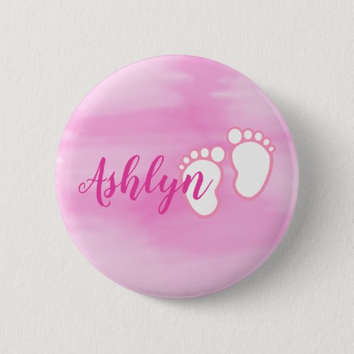 Pink Watercolor Footprint Little Baby Feet Name Pinback Button