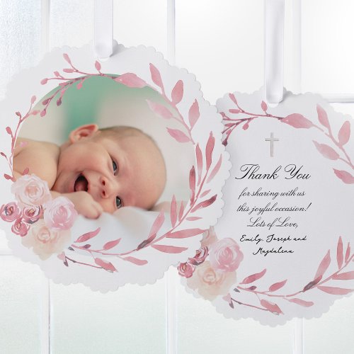 pink watercolor frame Baptism thank you  Ornament Card