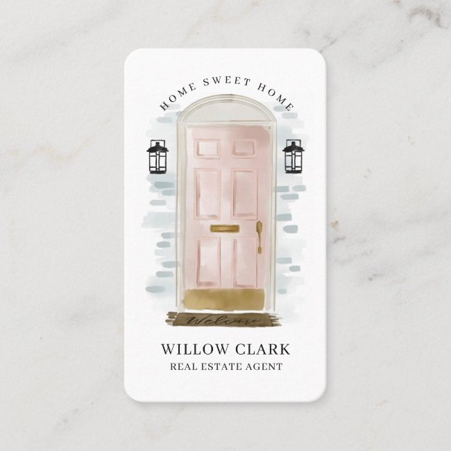Pink Watercolor Front Door Real Estate Agent Business Card