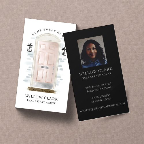 Pink Watercolor Front Door Real Estate Agent Business Card