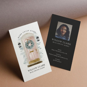 Pink Watercolor Front Door Wreath Real Estate Business Card