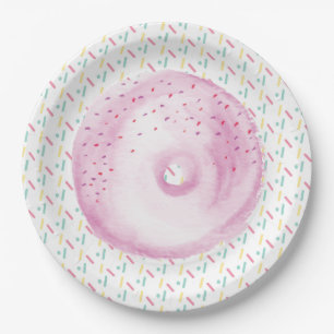 Pink Watercolor Frosted Donut and Sprinkles Paper Plates