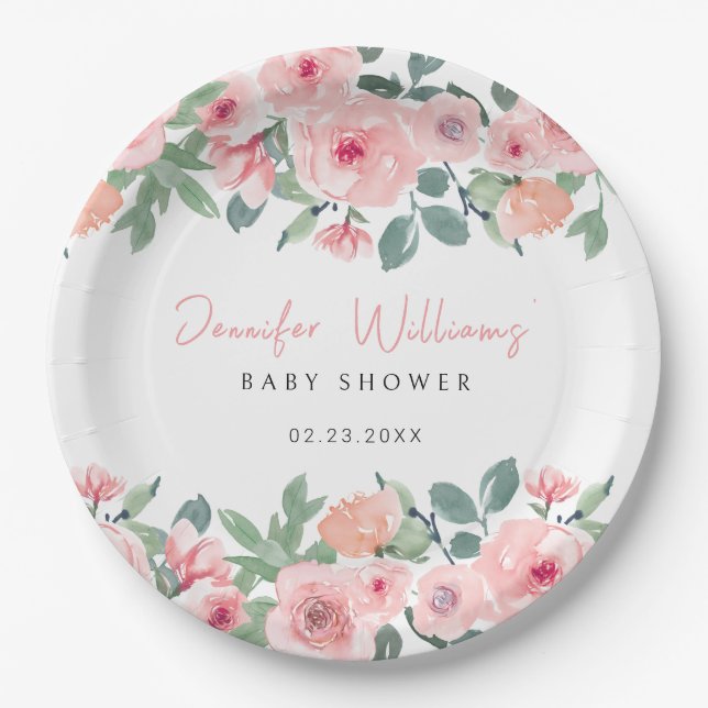 Pink watercolor garden baby shower paper plates (Front)
