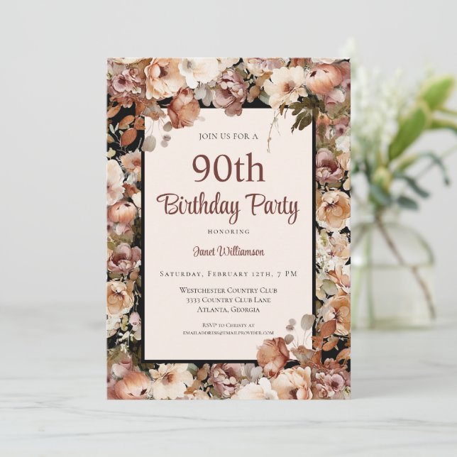 Pink Watercolor Garden Floral 90th Birthday Invitation (Standing Front)