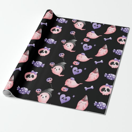 Pink Watercolor Ghost  Purple Candy Kid Halloween Wrapping Paper