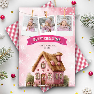 Pink Watercolor Gingerbread House Photo Christmas Holiday Card