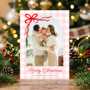 Pink Watercolor Gingham Arch Photo Holiday Card