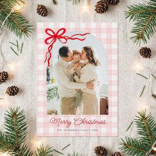 Pink Watercolor Gingham Arch Photo Holiday Card