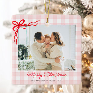Pink Watercolor Gingham Christmas Photo Ceramic Ornament