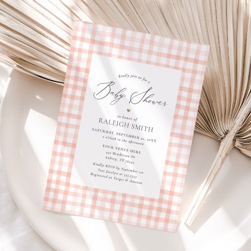 Pink Watercolor Gingham Girl Baby Shower Invitation