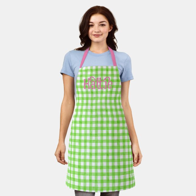 Pink Watercolor Gingham Personalized Apron (Worn)