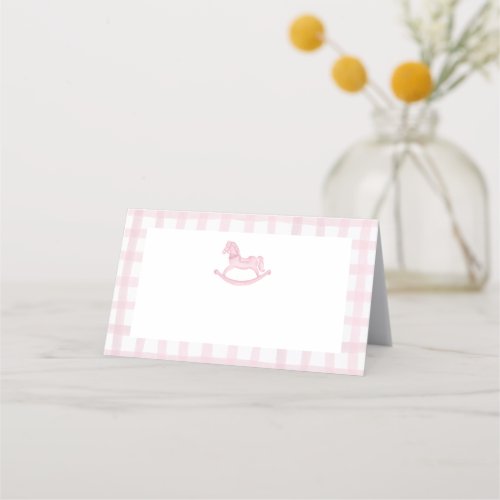 Pink Watercolor Gingham  Rocking Horse Blank Place Card