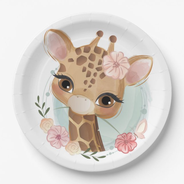 Pink Watercolor Giraffe Baby Shower Invitation Paper Plates (Front)