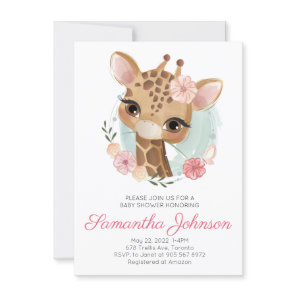 Pink Watercolor Giraffe Girl Baby Shower Invitation