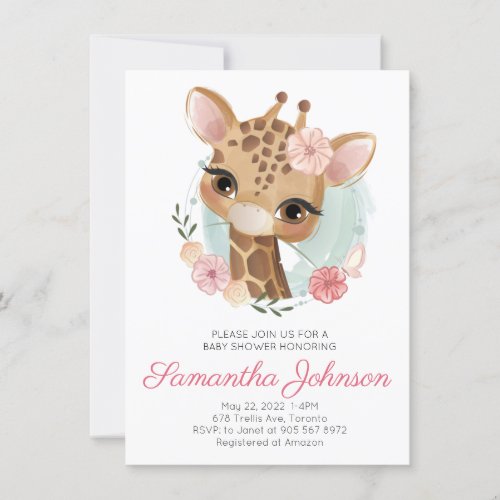 Pink Watercolor Giraffe Girl Baby Shower Invitation