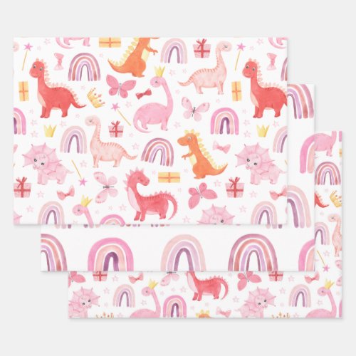 Pink Watercolor Girl Dinosaurs Boho Rainbows Wrapping Paper Sheets