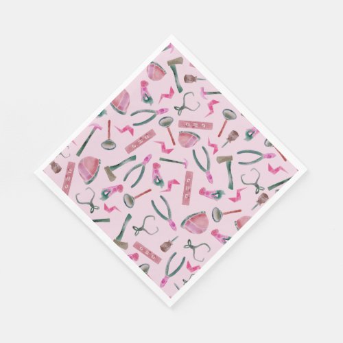 Pink Watercolor Girls Construction Tools Napkins