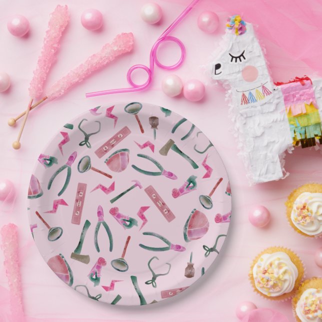 Pink Watercolor Girls Construction Tools Paper Plates (Party)