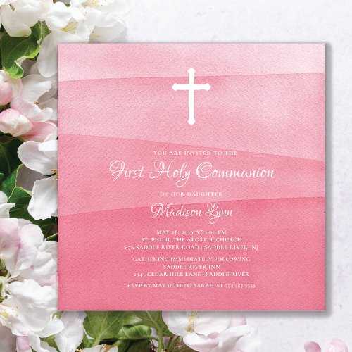 Pink Watercolor Girls First Holy Communion Invitation