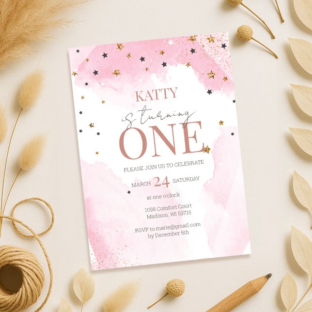 Pink Watercolor Glitter 1st Birthday Invitation  (Creator Uploaded)