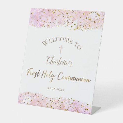 pink watercolor glitter  First Communion Pedestal Sign