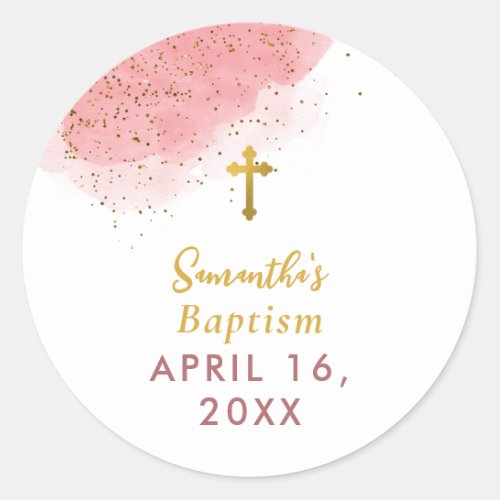 Pink Watercolor Glitter Gold Cross Baptism Girl   Classic Round Sticker