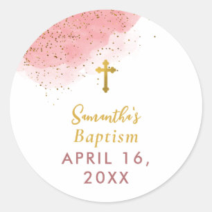 Pink Watercolor Glitter Gold Cross Baptism Girl   Classic Round Sticker