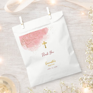 Pink Watercolor Glitter Gold Cross Baptism Girl Favor Bag