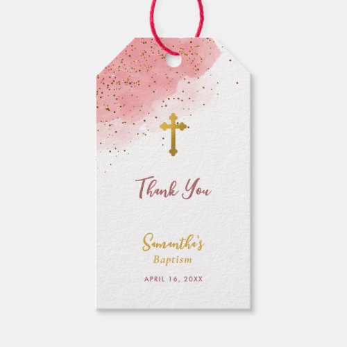 Pink Watercolor Glitter Gold Cross Baptism Girl Gift Tags