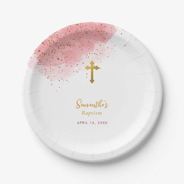 Pink Watercolor Glitter Gold Cross Baptism Girl Paper Plates (Front)