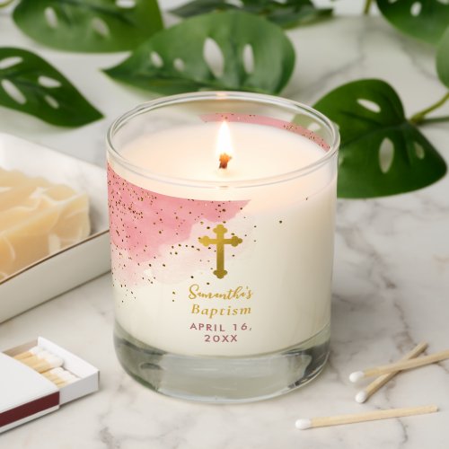 Pink Watercolor Glitter Gold Cross Baptism Girl Scented Candle