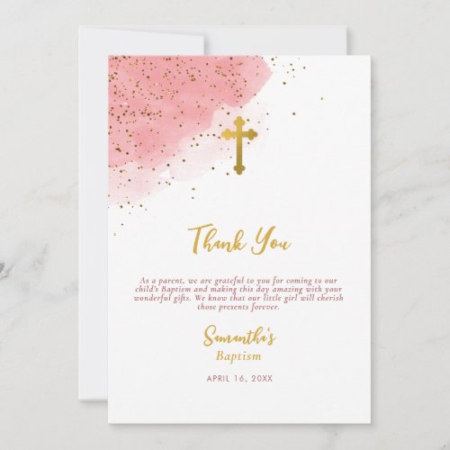 Pink Watercolor Glitter Gold Cross Baptism Girl Thank You Card