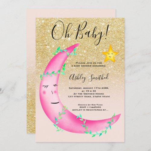 Pink watercolor glitter moon stars baby shower invitation