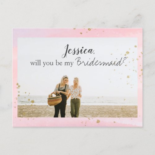 Pink Watercolor Gold Bridesmaid Proposal Photo Holiday Postcard