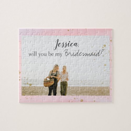 Pink Watercolor Gold Bridesmaid Proposal Photo Jigsaw Puzzle