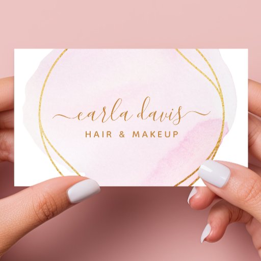 Customizable Signature Script Blush Pink Watercolor Gold Circle Business Card